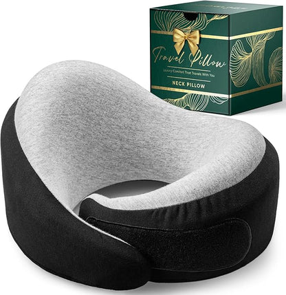 Proglobe Charcoal Black Memory Foam Travel Neck Pillow for Airplanes, Compact Plane Cushion for Long Flights with Soft Chin Support and Compression Bag, Comfortable Lightweight Air Travel Accessory