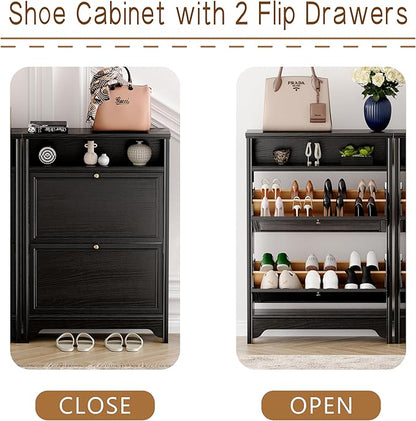 Chogori Solid Wood Shoe Storage Cabinet for Entryway - Narrow Freestanding Shoe Organizer with 2 Flip-Up Drawers, Hallway Shoe Rack with Sturdy Wooden Legs for Foyer, Living Room (1, Onyx Black)