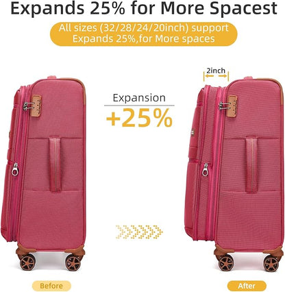 LARVENDER Luggage Sets 4 Piece, Softside Carry On Luggage Suitcase Set with 360° Spinner Wheels for Women Men(32/28/24/20) Rose Red