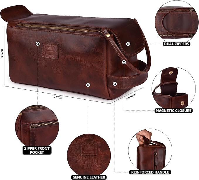 LEATHER VILLAGE Premium Leather Travel Toiletry Bag - Water-Resistant Dopp Kit for Toiletries, Large Shaving Bag & Bathroom Organizer - Gift for Men & Women - Cherry Brown