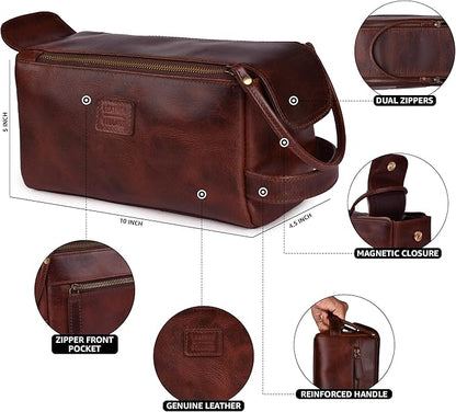 LEATHER VILLAGE Premium Leather Travel Toiletry Bag - Water-Resistant Dopp Kit for Toiletries, Large Shaving Bag & Bathroom Organizer - Gift for Men & Women - Cherry Brown