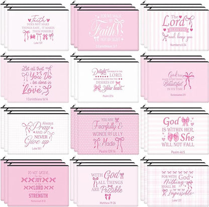 Hillban 36 Pcs Christian Gifts for Women Christian Pink Bow Makeup Bags Bible Verse Cosmetic Bag Inspirational Pencil Case with Zipper Coquette Bowknot Travel Organizer Pouch for Wedding Bachelorette