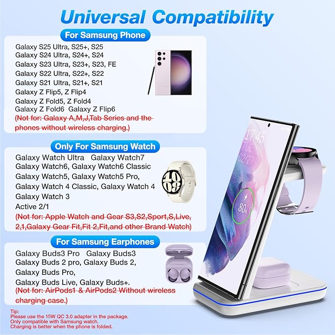 Wireless Charging Station for Samsung/Android, Fast Wireless Watch Charger Station Compatible for Samsung Galaxy S25 Ultra/S24/S23+/Z Flip 7/6 Fold 7/6, Watch8/7/Pro/Active 2 Galaxy Buds3/2 Pro(White)