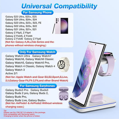 Wireless Charging Station for Samsung/Android, Fast Wireless Watch Charger Station Compatible for Samsung Galaxy S25 Ultra/S24/S23+/Z Flip 7/6 Fold 7/6, Watch8/7/Pro/Active 2 Galaxy Buds3/2 Pro(White)