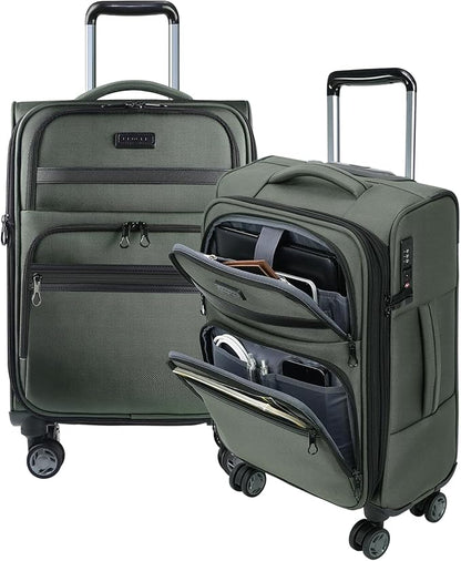 KROSER Softside Expandable Carry On Luggage with Front Business Pockets，20 Inch Suitcases with Spinner Wheels & Built-in TSA Lock, Durable Suitcase Rolling Luggage with USB Port, Army Green