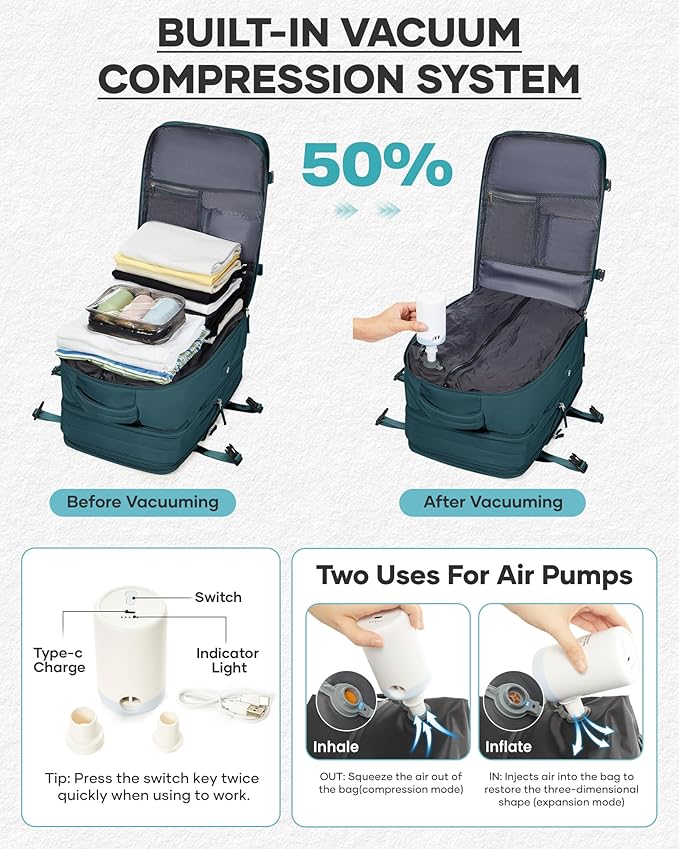 coofay Vacuum Backpack Travel with Pump Travel Backpack with Vacuum System Compression Backpacks for Traveling Easyvacpack Vacpack Backpacks Carry on Luggage