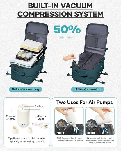 coofay Vacuum Backpack Travel with Pump Travel Backpack with Vacuum System Compression Backpacks for Traveling Easyvacpack Vacpack Backpacks Carry on Luggage