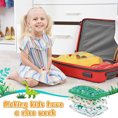 Paterr 7 Pcs Days of Week Packing Cubes Compression Packing Cubes for Kids Winter Camp Travel Daily Outfit Suitcase Organizers Zippered Storage Bag for Cruise Vacation Essentials(Dinosaur)