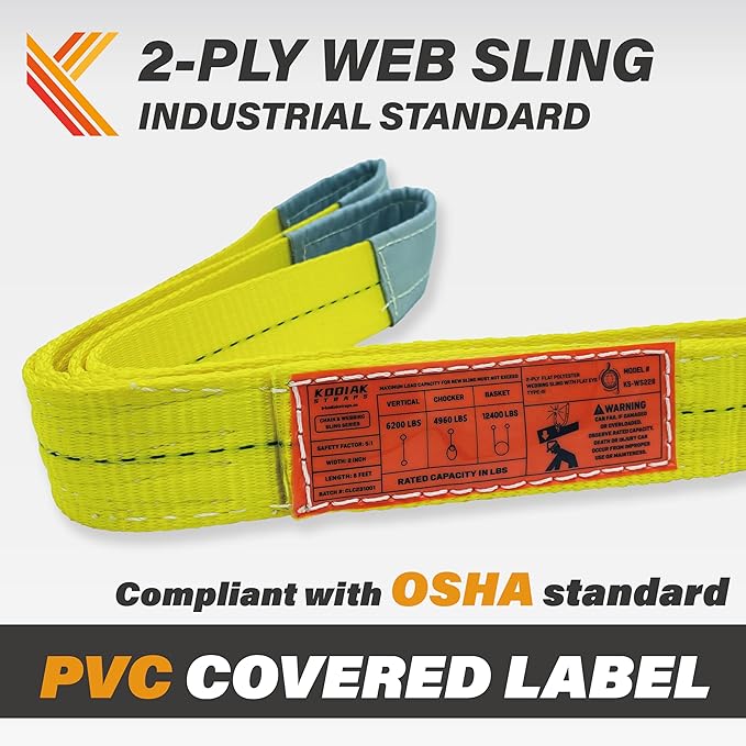 2-Ply Lifting Straps 2”x 15 ft Webbing Sling Tree Saver 1Pack Heavy Duty Web Strap Rigging Moving Towing Hoisting Gear KODIAK STRAPS