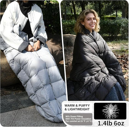 Down Camping Blanket - Lightweight, Packable, Warm & Puffy Outdoor Travel Quilt for Sleep, Hiking, Backpacking, Stadium, Festivals, Water-Resistant Sleeping Bag 55"x79"