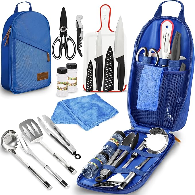 Camp Kitchen Cooking Utensil Set Travel Organizer Grill Accessories Portable Compact Gear for Backpacking BBQ Camping Hiking Travel Cookware Kit Water Resistant Case