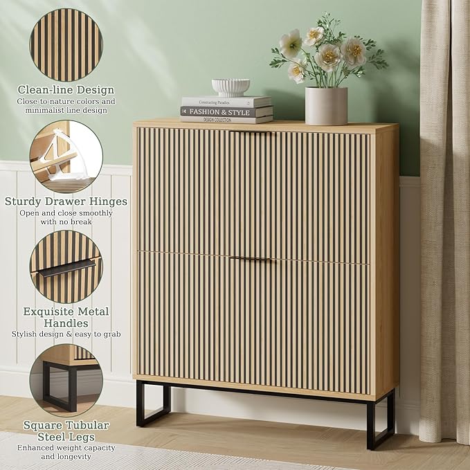 Shoe Cabinet Storage Entryway Slim, Shoe Organizer Cabinet with 2 Flip Drawers, Modern Freestanding Hidden Shoe Rack for Entryway, Natural Wood