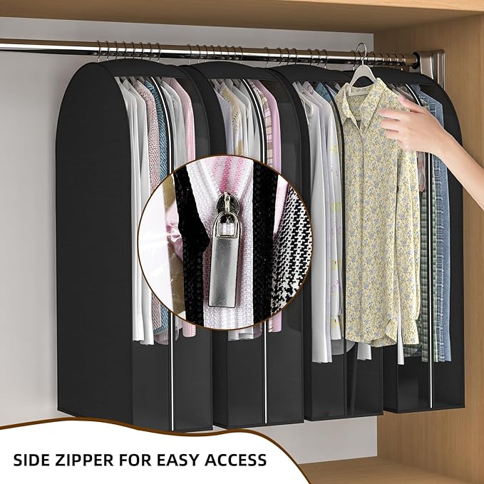 Black Garment Bags for Hanging Clothes 4 Packs, 10“ Gusseted and 32" Clothes Protectors for Hanging Clothes for Closet, Shirts, Coats, Dresses