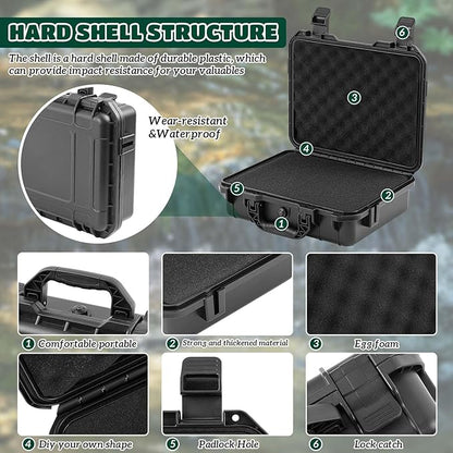 14.3 x 11.4 x 4.5 Inch Waterproof Hard Case with DIY Customizable Foam Insert Portable Protective Case with Knife for Camera Drones Equipments Tools Test Instruments (Black)