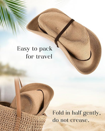 FURTALK Womens Summer Straw Sun Hats Wide Brim Panama Fedora Beach Hat with Wind Lanyard UPF 80+