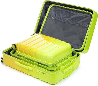 Campfun 3 Piece Luggage Sets, PC Gradient Color Suitcase Set with Double Spinner Wheels, Durable Carry On Luggage with Combination Lock, 20/24/28 inch, Green+Yellow