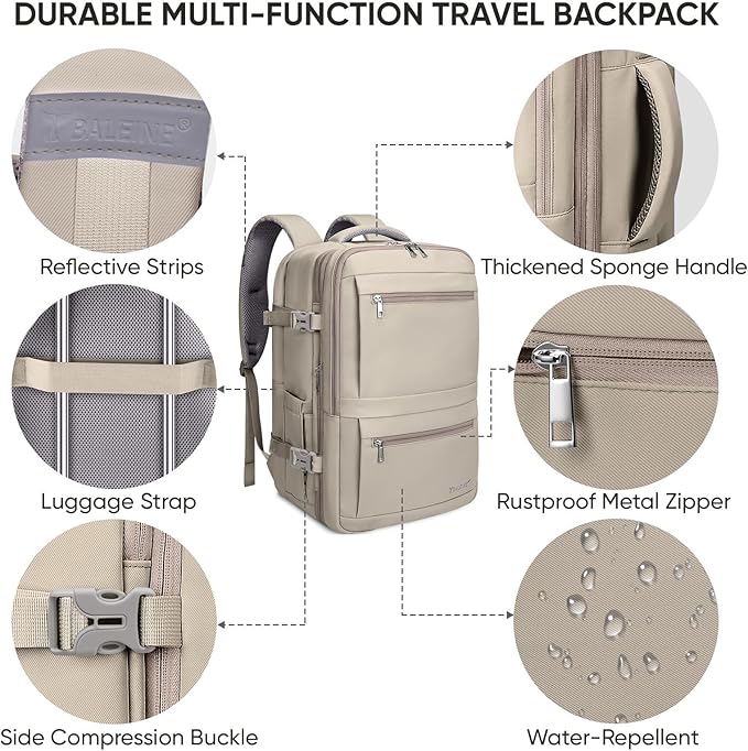 BALEINE Travel Backpack for Women Men, Large Sturdy Carry On Laptop Backpack Gifts for Business, Casual, Weekender, Hiking (XL, Khaki)