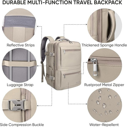 BALEINE Travel Backpack for Women Men, Large Sturdy Carry On Laptop Backpack Gifts for Business, Casual, Weekender, Hiking (XL, Khaki)