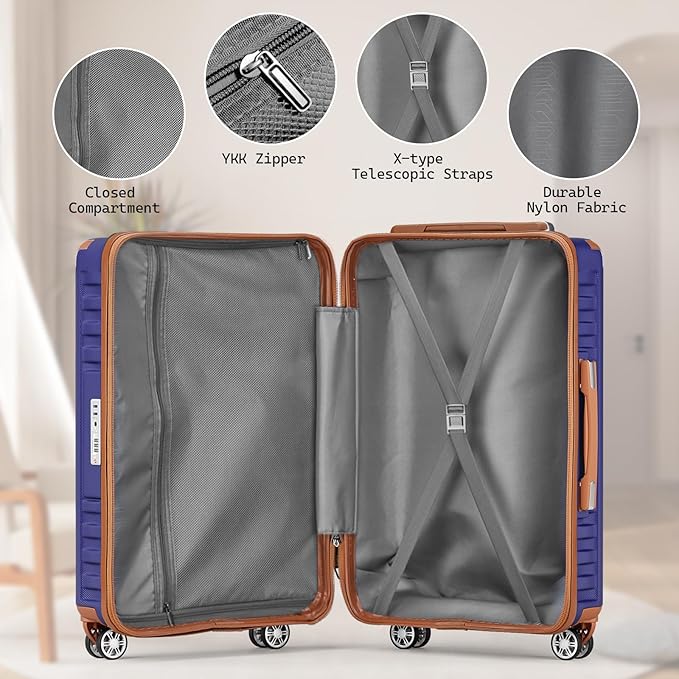 Melalenia Luggage Sets 3 Piece, Hard Shell Carry on Suitcase with Spinner Wheels and TSA Lock, Travel Lightweight Luggage Set for Women, Navy Brown