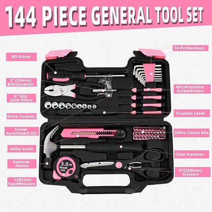 144-Piece Pink Tool Kit Basic Home Repair Tool Set General Household Hand Tool Kit Small Tool Kit with Plastic Toolbox Mini Tool kit for Women, Office & College Repairs
