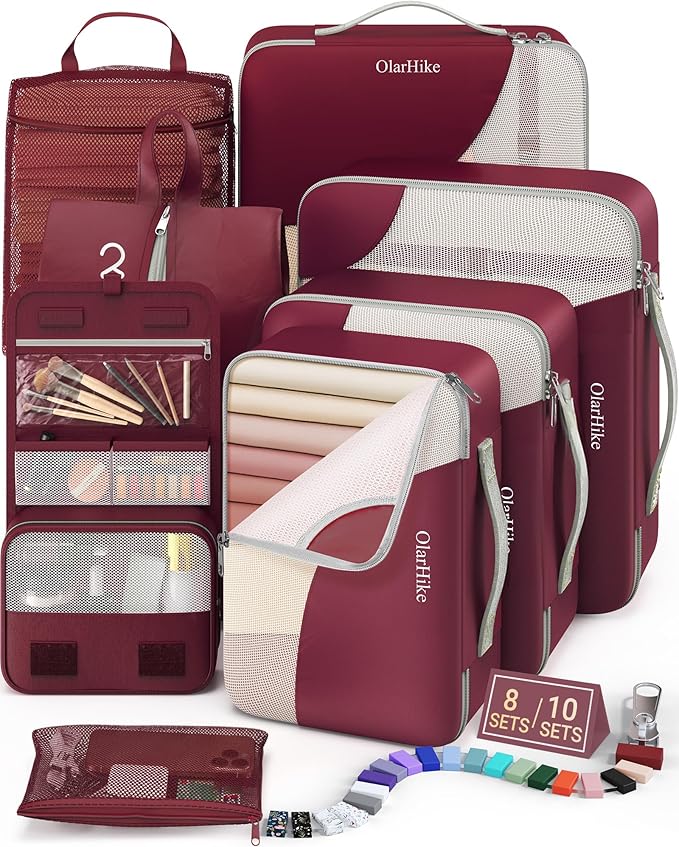 8 Set Packing Cubes for Travel,Gifts for Women Mom at Christmas,Anti-Tear Suitcase Organizers for Luggage with Hook Toiletry Bag,Teens & Friendship Gift,Vacation Essentials & Cruise Accessories,Wine