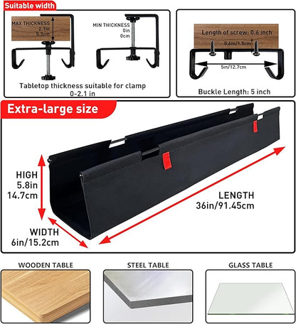 Under Desk Cable Management,No Drill 36",cord organizer,with Silicone Pads (No Scratch!)16 Cable Ties,Washable PE Honeycomb Base,Clamp/Screw Mount-Fits Any Desk 0-2.1",No Stinky Cardboard! Black