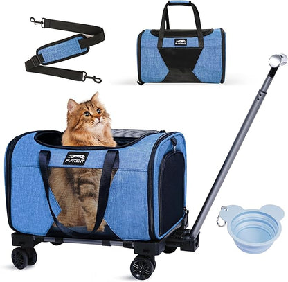 Pet Carrier with Removable Wheels American Airline Approved, Rolling Cat Carrier with Telescopic Handle and Shoulder Strap, Breathable Soft-Sided Carrier with Locking Zipper for Small Cats Dogs(Blue)