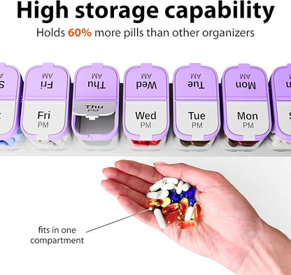 Extra Large Weekly Pill Organizer - XL Vitamin Holder with 7 Detachable AM PM Compartments - Portable Medicine Dispenser for Home and Travel, Big Supplement Container for Weekly or Daily Use, Purple