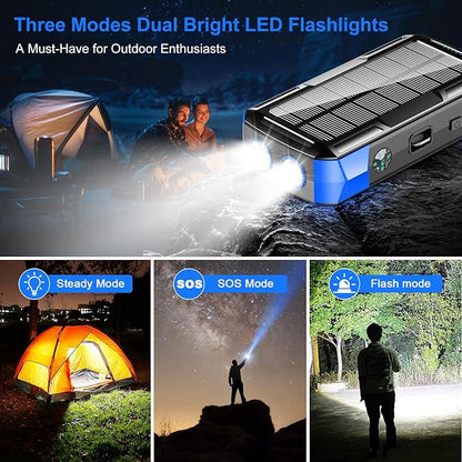 Solar Charger Power Bank 73200mAh, Portable Laptop Charger with 100W USB-C in/Output, Built-in Cables, Hand Crank Power Bank for Mobile Phones, Ideal for Outdoor Use with SOS/Strobe/Strong (blue)