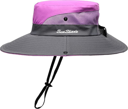 Womens Summer Sun Hat Beach Hat Wide Brim Outdoor UV Protection Hat Foldable Cool Mesh Ponytail Bucket Hat