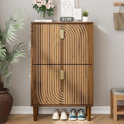 Spaco Walnut Shoe Cabinet with 2 Flip Drawers for Entryway,Narrow Shoe Storage Cabinet with Wood Leg,Freestanding Slim Shoe Organizer for Entryway, Hallway