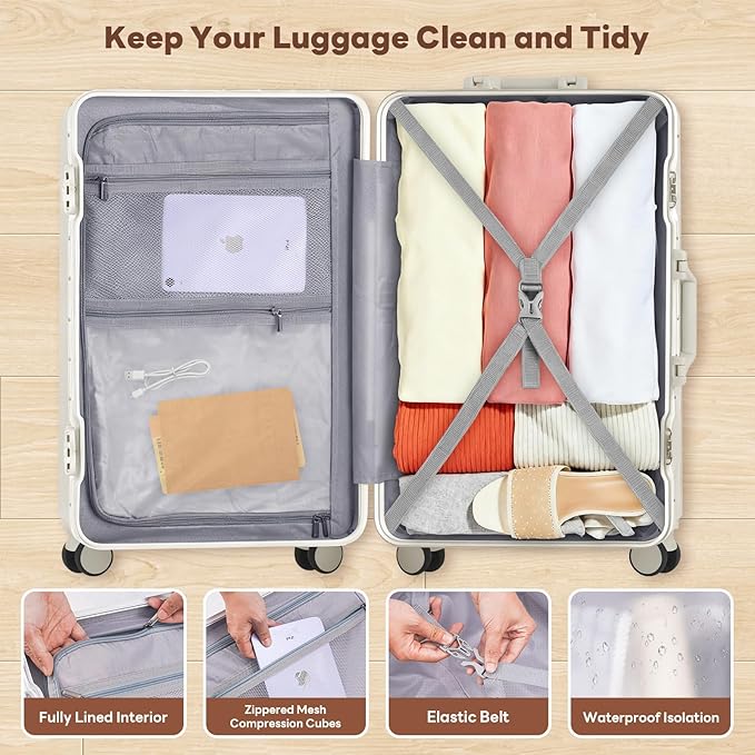 3-Piece Hardside Luggage Sets Aluminum Frame, 20+24+28 Inch Suitcases with USB Charging Port, Foldable Cup Holder, TSA Locks & Spinner Wheels for Travel, Ivory White