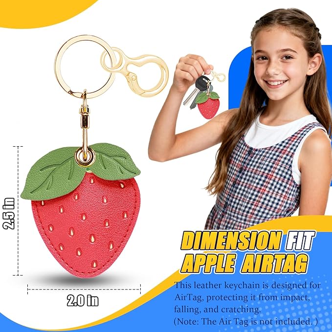 Leather Keychain for Airtag, Cute Protective Keychain Holder Compatible with Apple Air Tag,GPS Item Tracker Case Cover for Keys,Bags,Pets,Luggage(Strawberry)