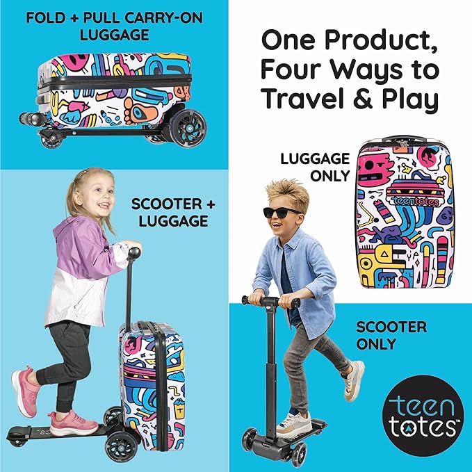 Teen Totes Detachable 4-in-1 Scooter Luggage for Kids – Ride-On Suitcase with Removable Luggage Body, Adjustable Handlebar, Durable Deck & Brake, Carry-On Size – Travel & Play