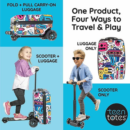 Teen Totes Detachable 4-in-1 Scooter Luggage for Kids – Ride-On Suitcase with Removable Luggage Body, Adjustable Handlebar, Durable Deck & Brake, Carry-On Size – Travel & Play
