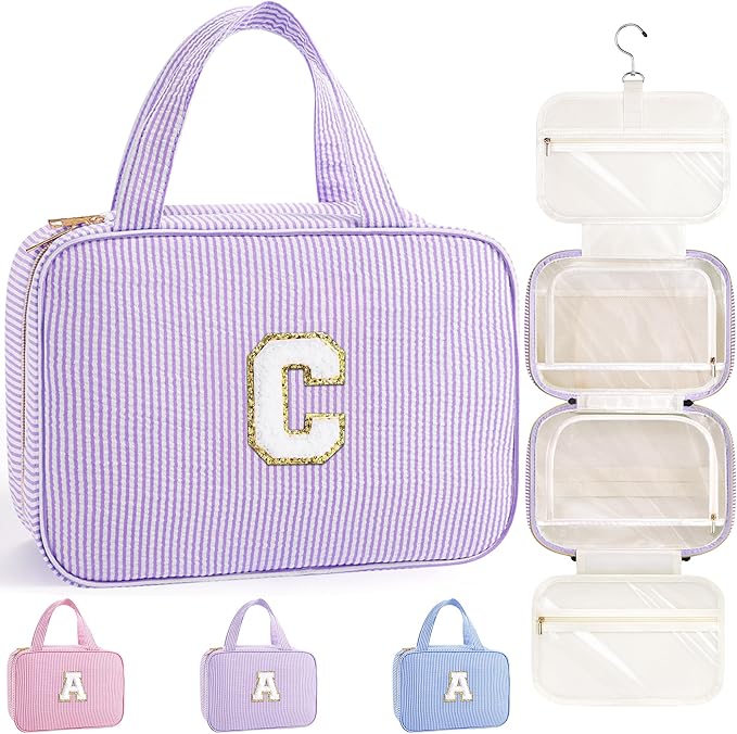 TOPEAST Hanging Toiletry Bag for Women - Travel Toiletry Bag Makeup Bag, Portable Toiletries Travel Bag and Cosmetic Bag, Airplane Travel Essentials - Letter C, Purple