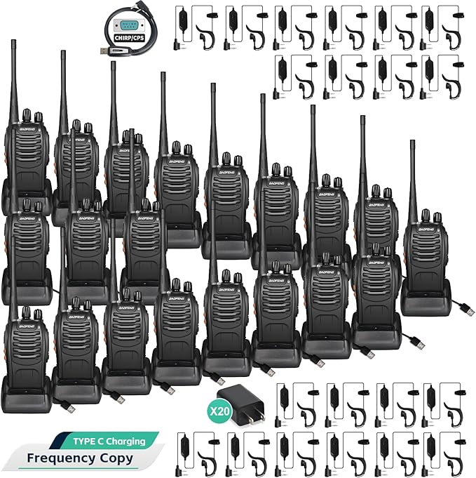 BAOFENG Radio BF-888S Walkie Talkies Long Range Rechargeable Two Way Radios with Flashlight, Type-C Charging Li-ion Battery, Frequency Copy, VOX Handsfree, for Cruise Hiking Camping Family, 20 Pack