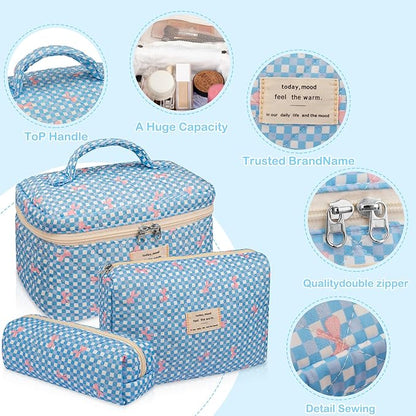 3PC Makeup Bag Set, Cute Cosmetic Bag for Women Girls, Floral Coquette Aesthetic Toiletry Bag, Travel Make Up Organizer Bag（Blue Check）