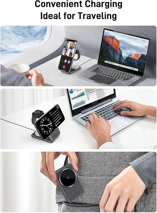 Wireless Charger for Apple, 3 in 1 MagSafe Charger Foldable Magnetic Charger for iPhone 17/16/15/14 Series, Airpods Pro 2, iWatch Series 10/9/8/7, Travel Charging Station for Apple Multiple Devices