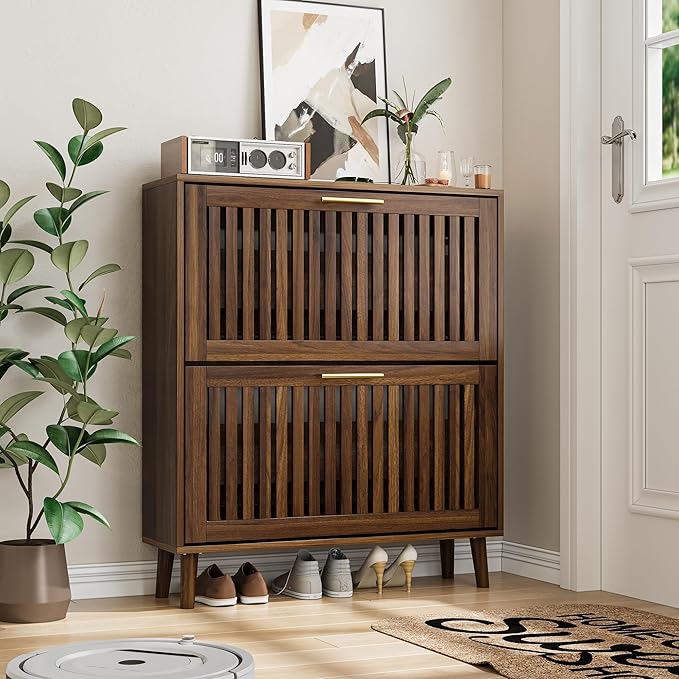 Walnut Shoe Cabinet with 2 Flip Drawers for Entryway,Narrow Shoe Storage Cabinet with Solid Wood Leg,Freestanding Slim Shoe Organizer for Hallway