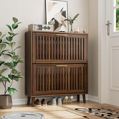 Walnut Shoe Cabinet with 2 Flip Drawers for Entryway,Narrow Shoe Storage Cabinet with Solid Wood Leg,Freestanding Slim Shoe Organizer for Hallway