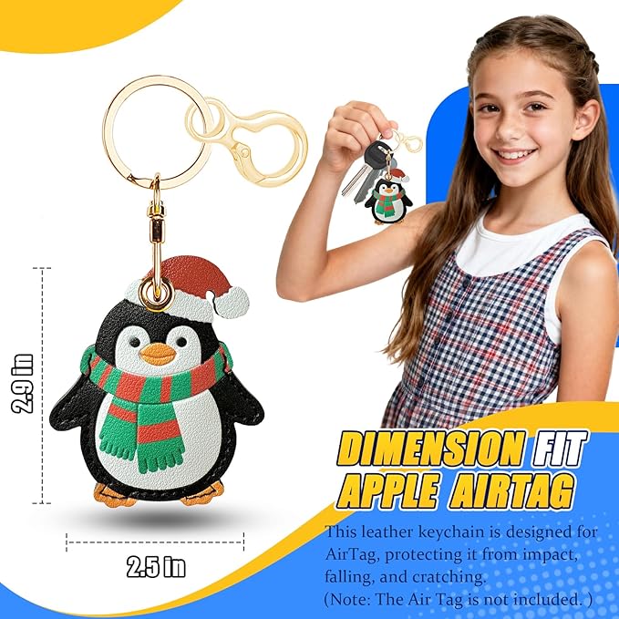 Leather Keychain for Airtag, Cute Protective Keychain Holder Compatible with Apple Air Tag,GPS Item Tracker Case Cover for Keys,Bags,Pets,Luggage(Penguin)