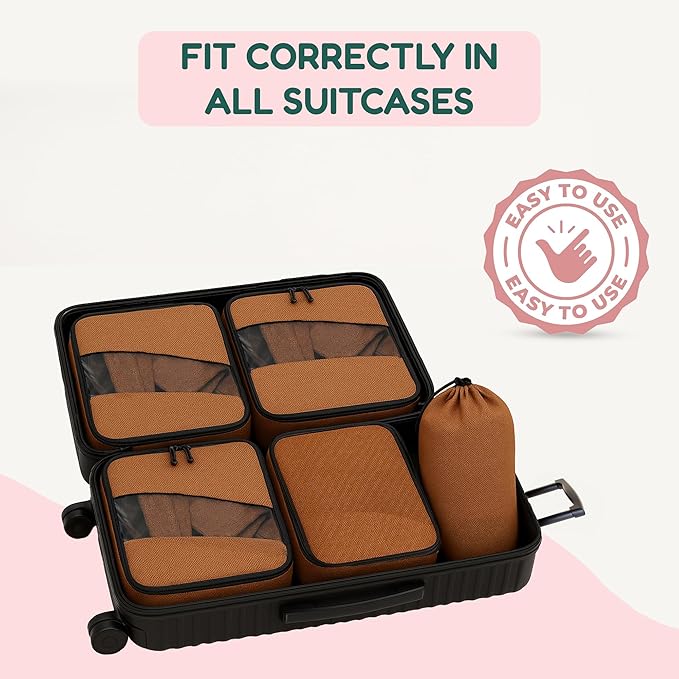 Compression Packing Cubes for Travel – 6-Pack Expandable Luggage Organizer Bags | Lightweight Storage Solution for Suitcase, Backpack & Carry-On | Travel Accessories for Men & Women (Brown & Camel)