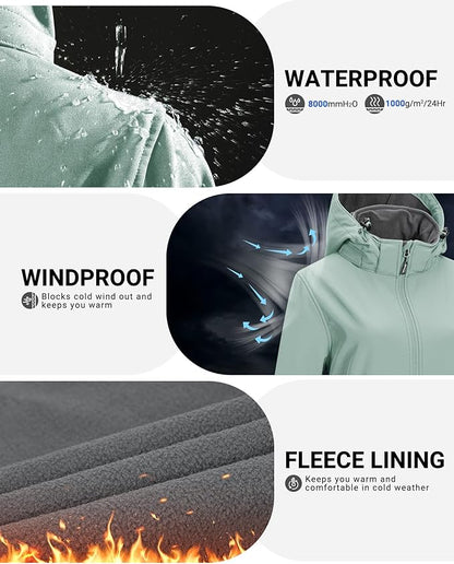 Outdoor Ventures Women's Softshell Jacket with Removable Hood Fleece Lined Windbreaker Insulated Long Warm Rain Jacket