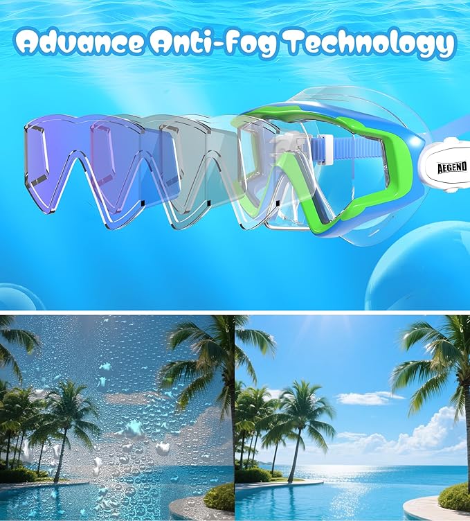Aegend Snorkeling Gear for Adults Youth Kids, Dry Snorkel Set Panoramic View Enhanced Anti-Leak and Anti-Fog Technology, Adjustable Strap for Snorkeling Scuba Diving Swimming with Mesh Bag