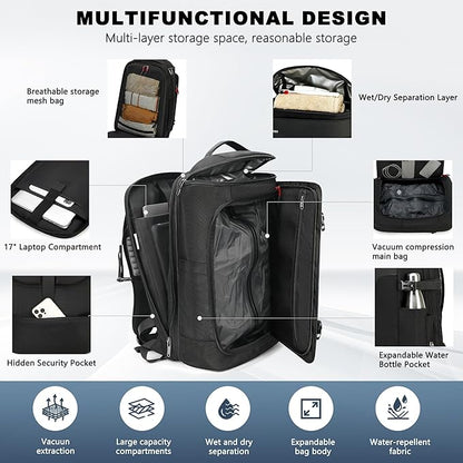 Vacuum Backpack Travel, Vacuum Seal Compression Travel Backpack with Pump, Laptop Compartment, 60L Expandable Water Resistant Business Carry-On Backpack Vacuum Gifts for Travel/College/Camping