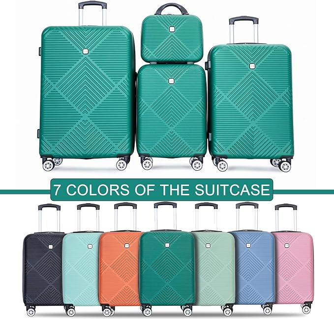 Luggage 4 Piece Set, Hardshell ABS Suitcase Set with Double Spinner Wheels, Lightweight Suitcase, Carry On and Checked Travel Luggage, Dark Green