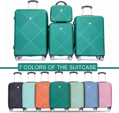 Luggage 4 Piece Set, Hardshell ABS Suitcase Set with Double Spinner Wheels, Lightweight Suitcase, Carry On and Checked Travel Luggage, Dark Green