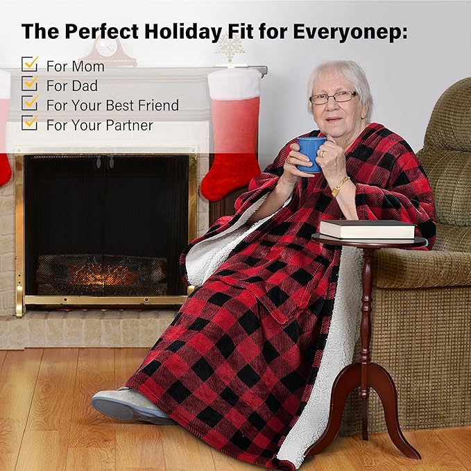Catalonia Sherpa Wearable Blanket Poncho for Adult Women Men, Wrap Blanket Cape with Pocket, Warm, Soft, Cozy, Snuggly, Comfort Gift, No Sleeves, Plaid Buffalo Christmas
