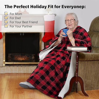 Catalonia Sherpa Wearable Blanket Poncho for Adult Women Men, Wrap Blanket Cape with Pocket, Warm, Soft, Cozy, Snuggly, Comfort Gift, No Sleeves, Plaid Buffalo Christmas